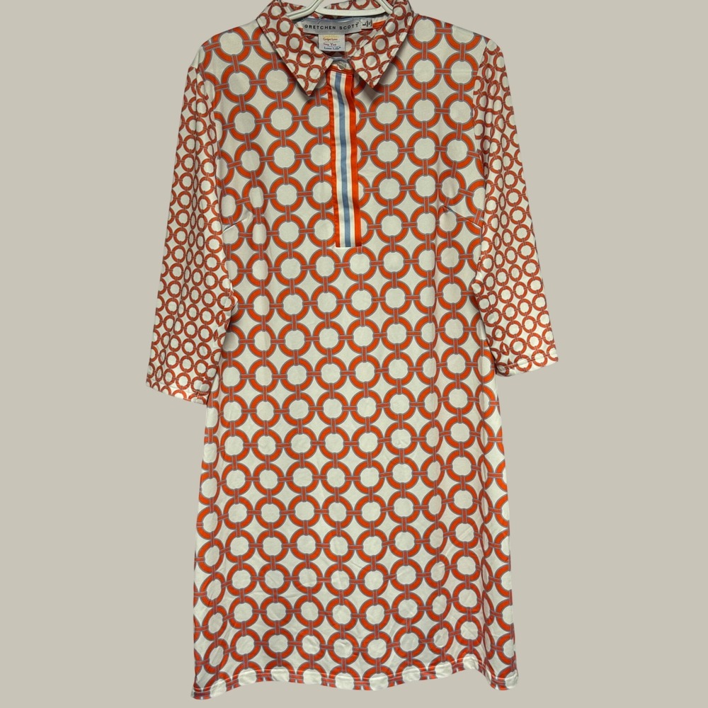 Gretchen Scott Women Orange Geometric Circle Print Shift Dress Large 3/4 Sleeve